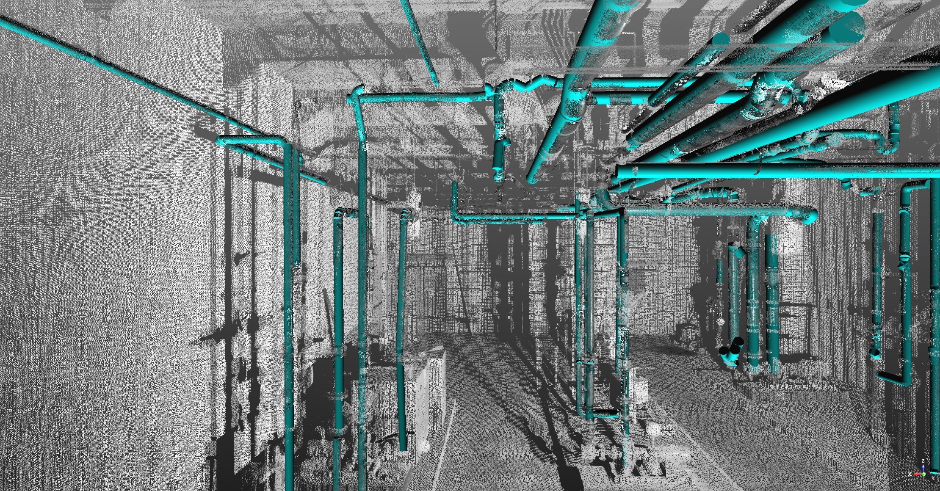 nuage de points en gris d'un local technique, avec les réseaux de tuyauterie modélisés en bleu par-dessus