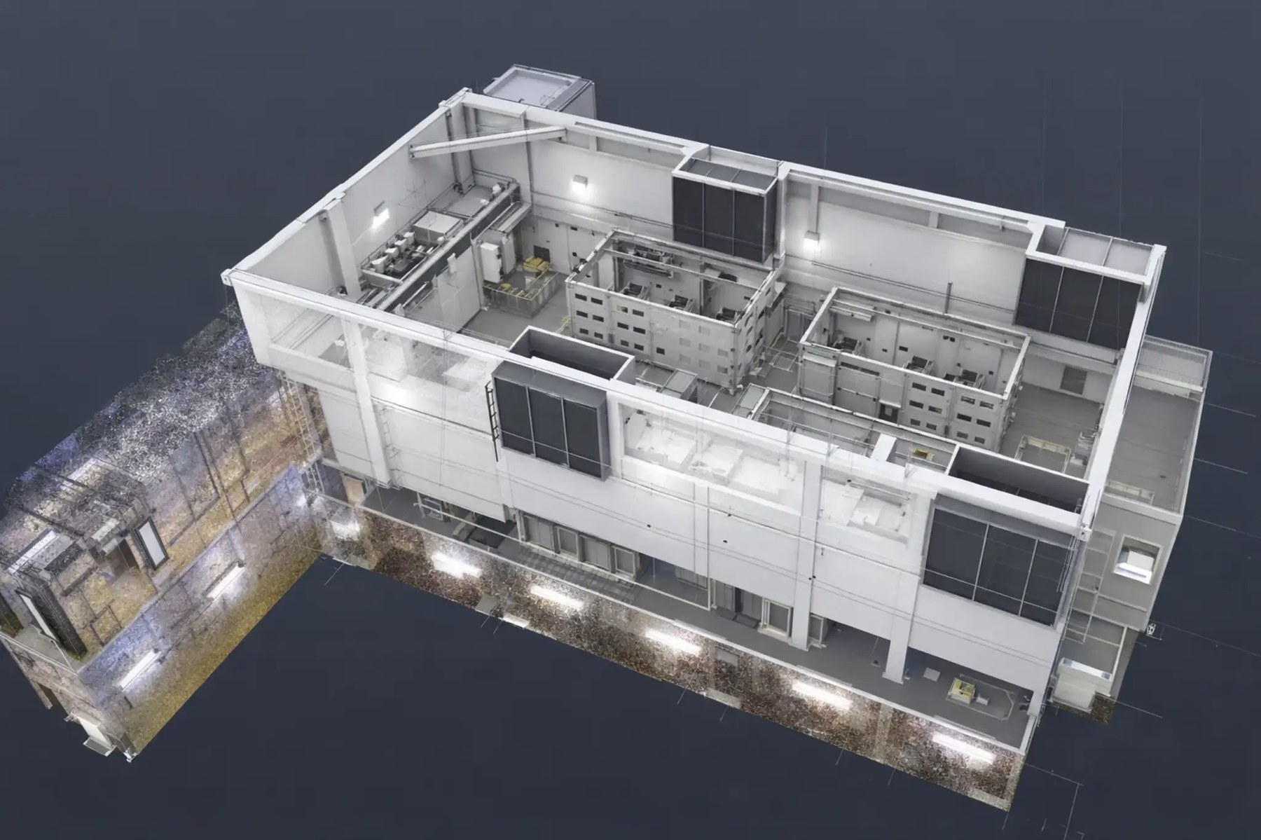 maquette BIM en trois dimensions d'un bâtiment modélisé à partir d'un relevé laser, pièces et équipements visibles en coupe